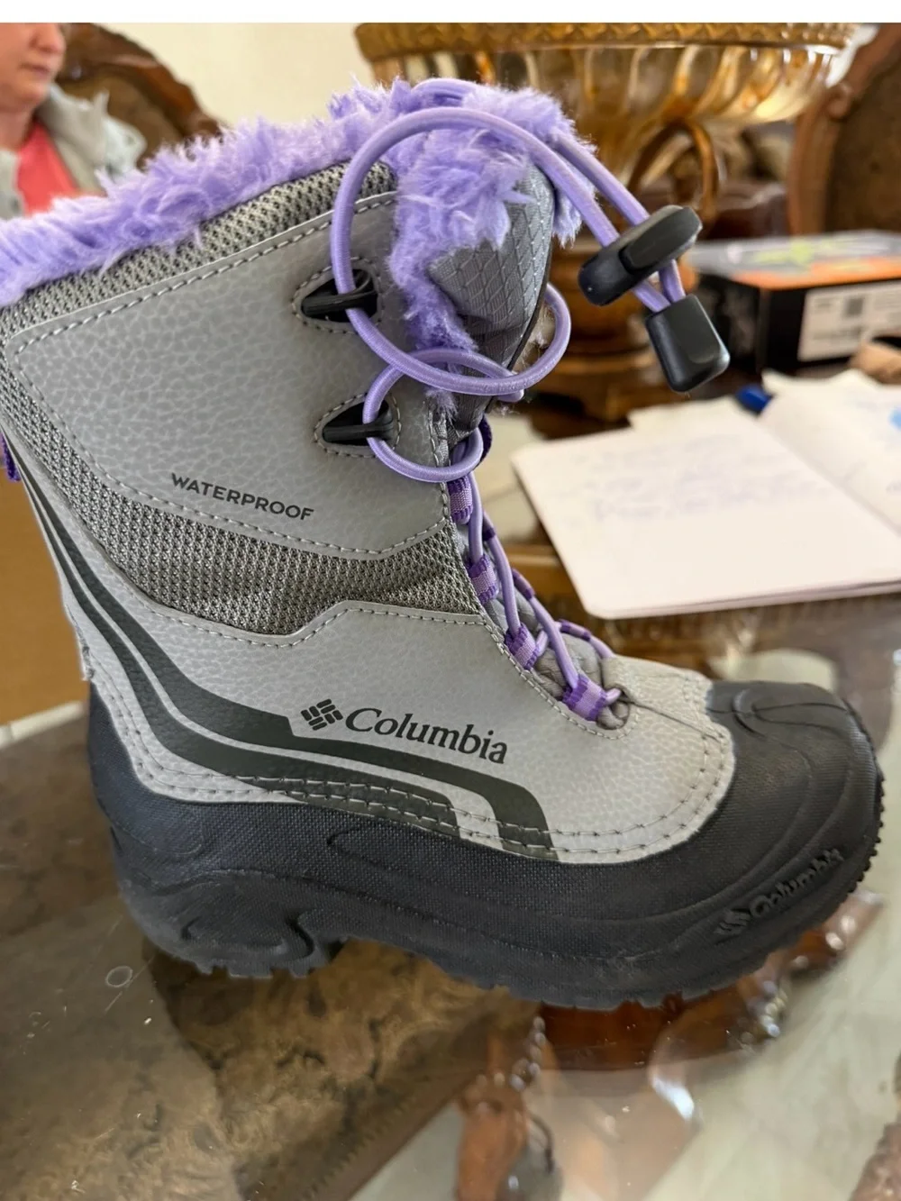 Columbia Kids Waterproof Winter Snow Boots Gray Purple Faux Fur Insulated EUC